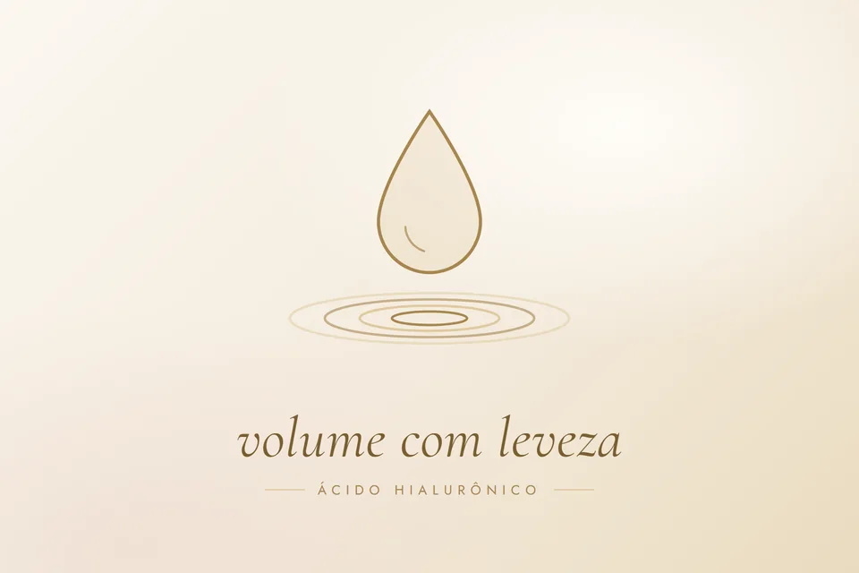 Ilustração em traço dourado de uma gota sobre ondas, com as palavras volume com leveza