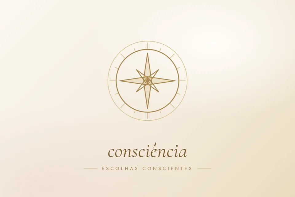 Ilustração em traço dourado de uma rosa dos ventos, com a palavra consciência