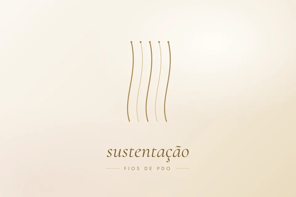 Ilustração em traço dourado com a palavra sustentação, capa do artigo Fios de PDO: o que são e o que esperar do tratamento
