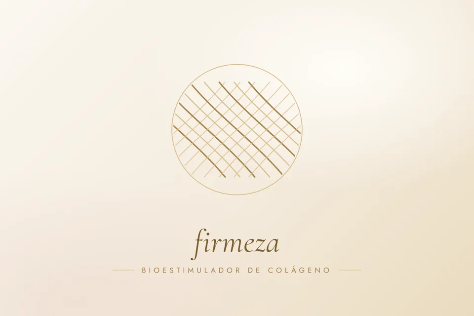 Ilustração em traço dourado com a palavra firmeza, capa do artigo Bioestimulador de colágeno: o que é, quando aparece o resultado e quanto dura