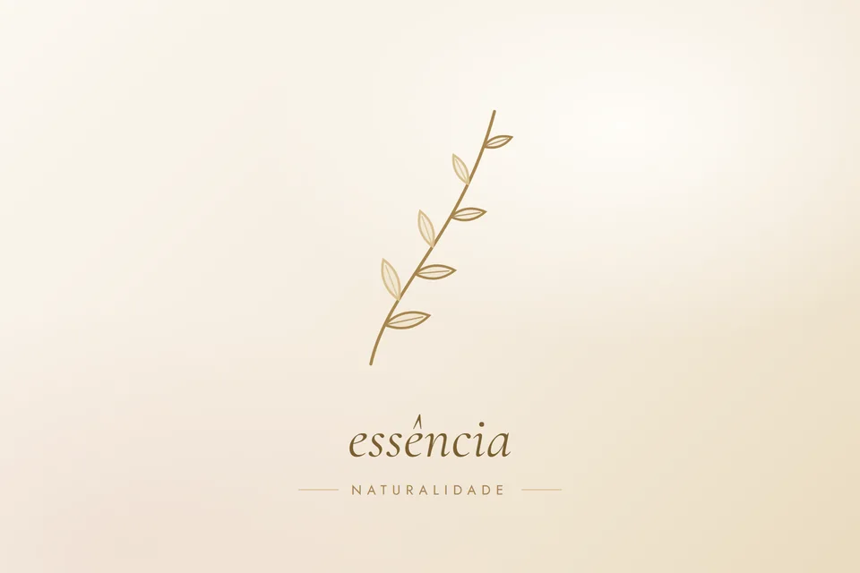 Ilustração em traço dourado de um ramo com folhas, com a palavra essência